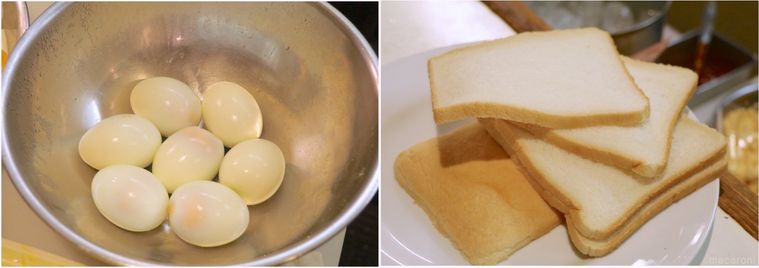 ゆで卵とパンが置かれている