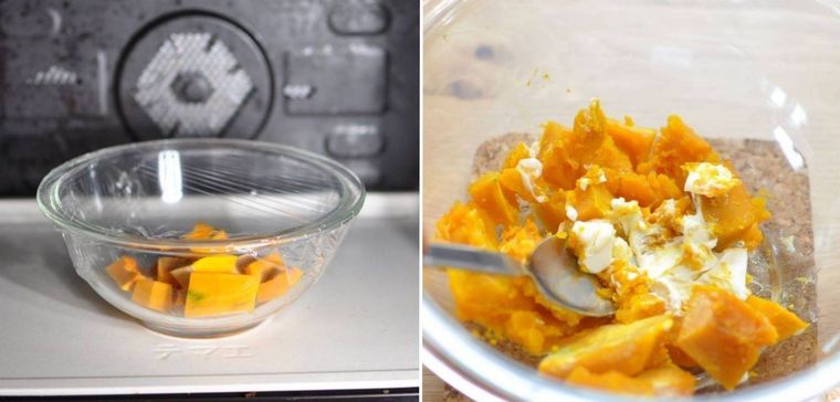 小さく切ったかぼちゃをレンジで加熱し、チーズを混ぜている様子
