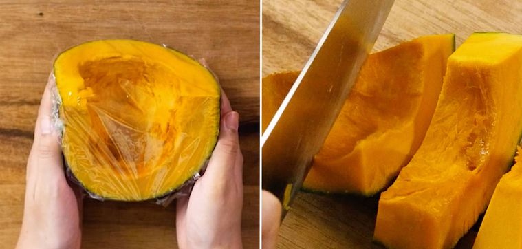 かぼちゃをカットしている様子