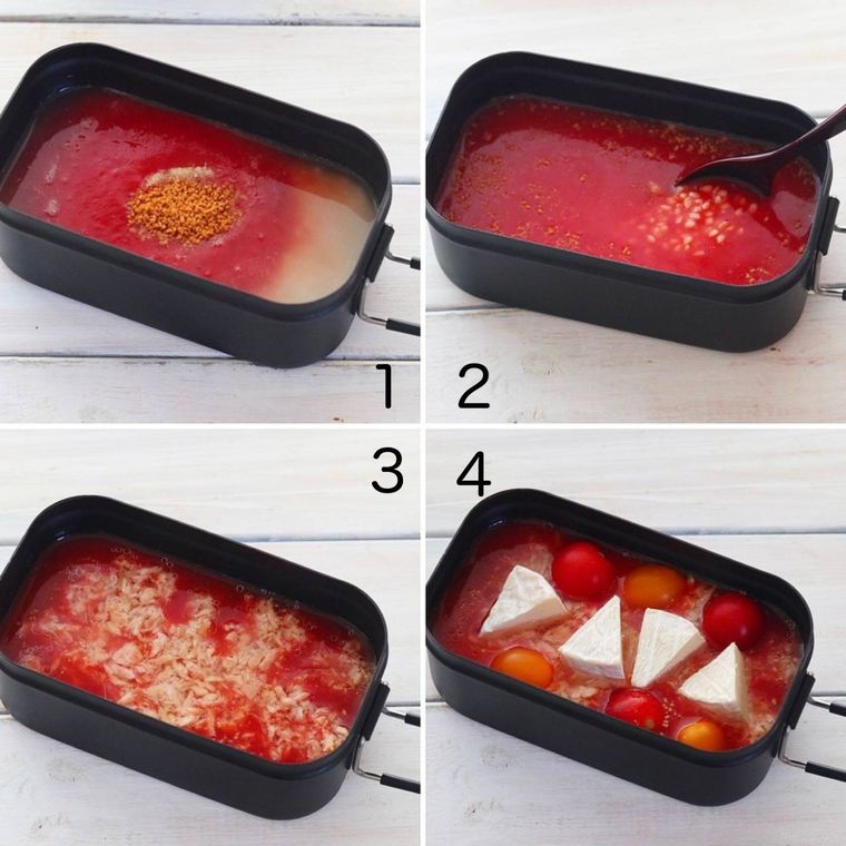 メスティンでパエリアを作っている