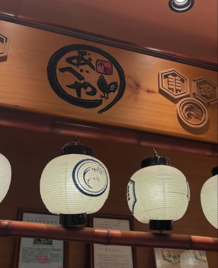 店内の木製看板に描かれたあべやのロゴと、下に並ぶ和風の提灯