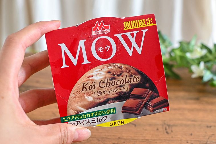 森永乳業のMOW濃チョコレートのパッケージを持っているところ