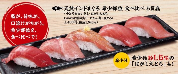 回転寿司みさきの「 天然インドまぐろ 希少部位 食べ比べ 5貫盛」