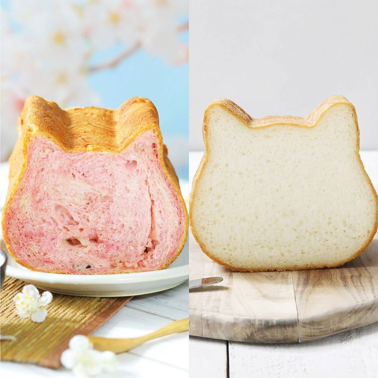 ねこの顔の形をしたピンク色と白い食パン