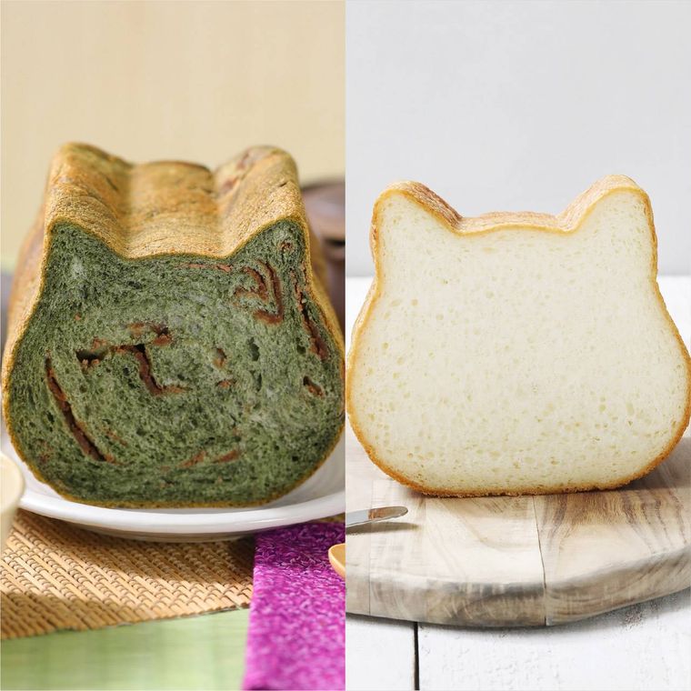 緑色と白い色のねこの顔の形をしたパン