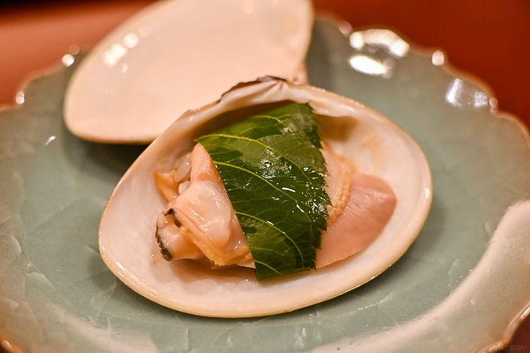 銀座すがのの蒸し物 蛤飯蒸 桜葉