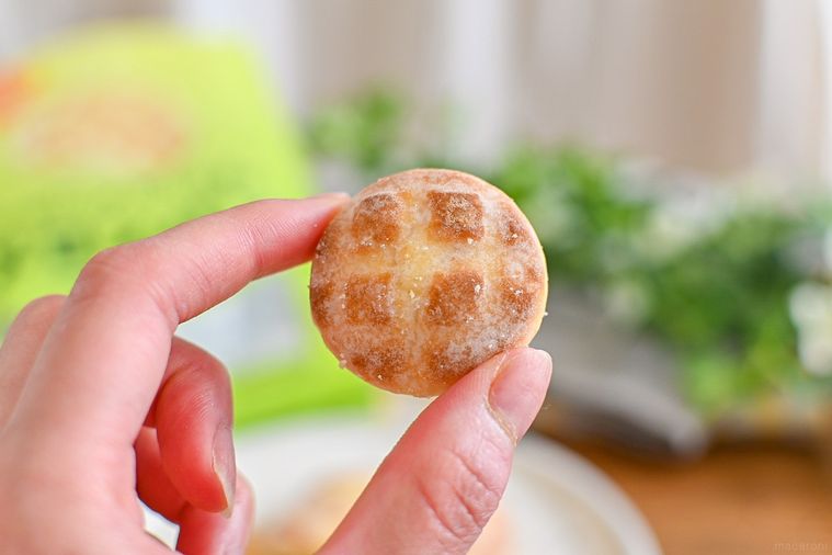 ローソンのシャリシャリ食感のメロンパンビスケットを持っているところ