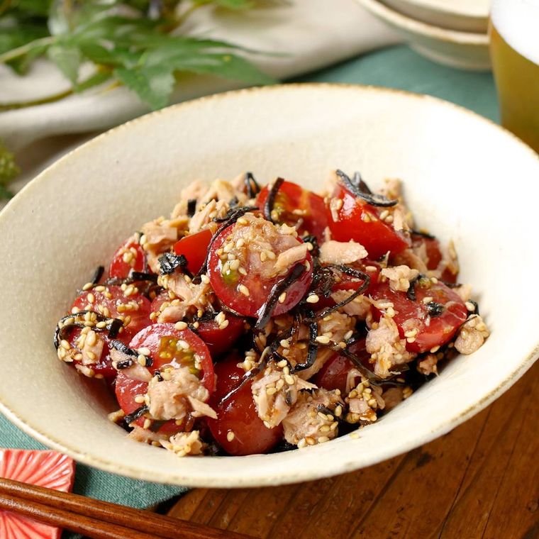 切って和えるだけの爆速おつまみミニトマトの塩昆布和え