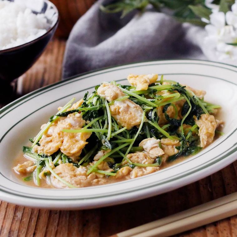 ライン入りの皿に盛られている豆苗と卵のふわとろオイスター炒め