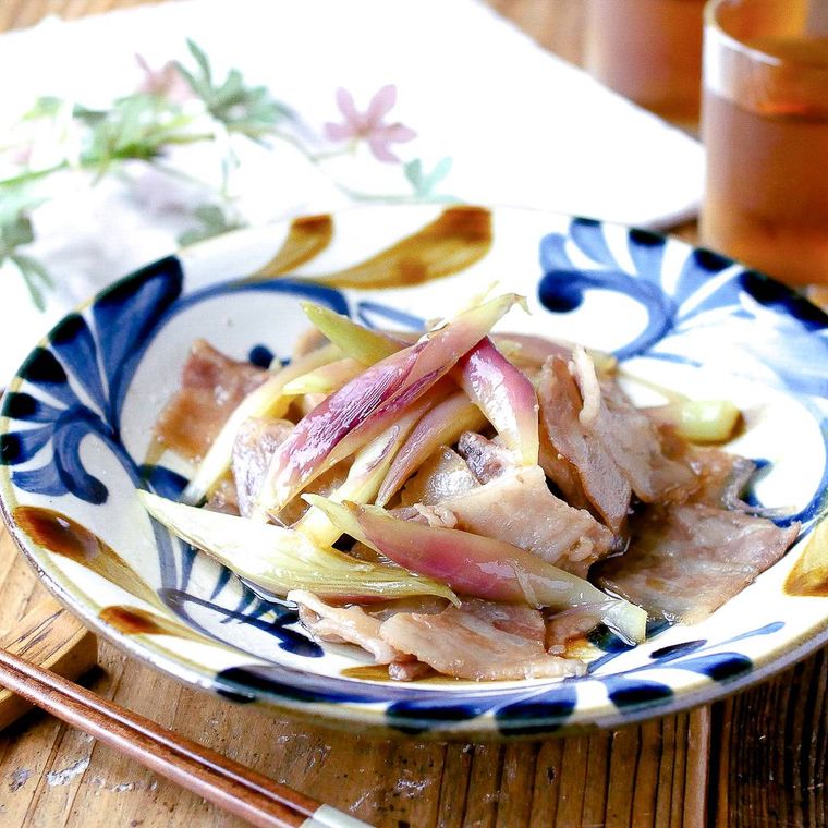 模様入りの皿に盛りつけられた豚肉とみょうがの甘辛炒め