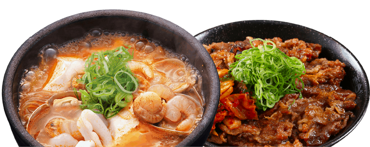 カルビ丼とスン豆腐が置かれている