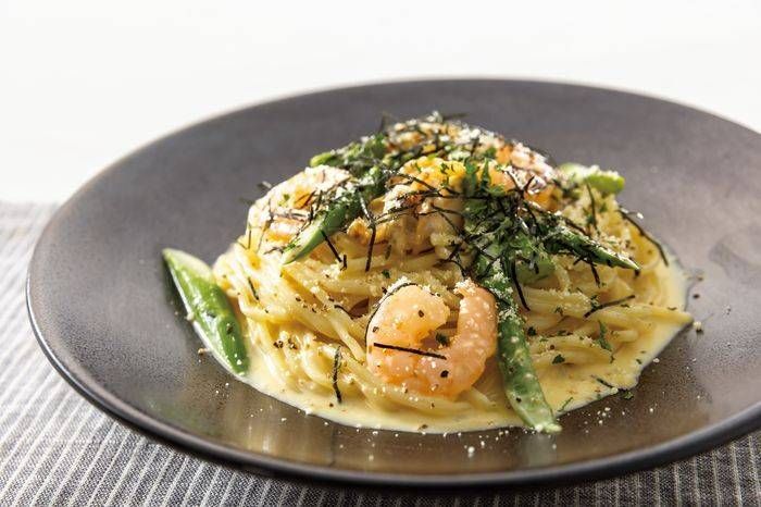 海老と帆立の明太クリームソースパスタ
