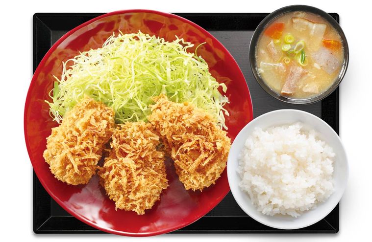 お盆の上にヒレカツとごはんと豚汁が置かれている