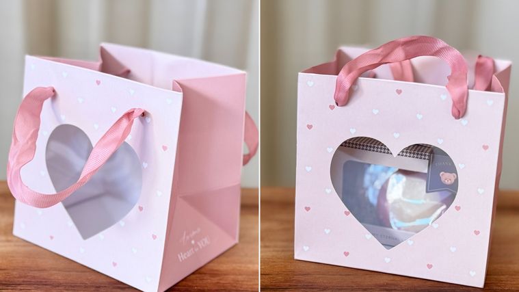 窓付ペーパーバッグの置き画と使用例のコラージュ