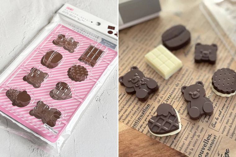 チョコクリアモールドのパッケージと使用例のコラージュ画