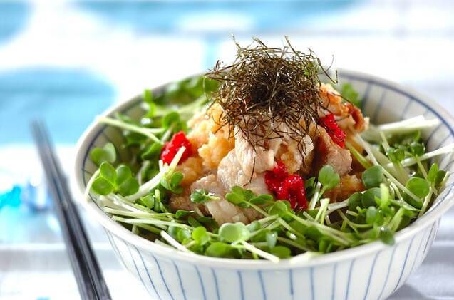 かいわれやのりがのった梅おろし豚丼