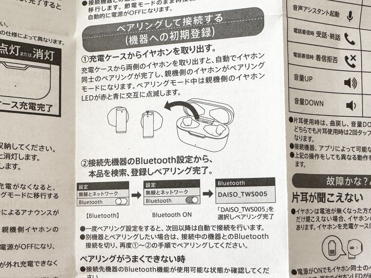 完全ワイヤレスイヤホン TWS005の接続方法が書かれた説明書