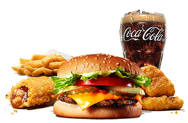 ハンバーガー、ナゲット、ポテト、アップルパイ、ドリンクが置かれている