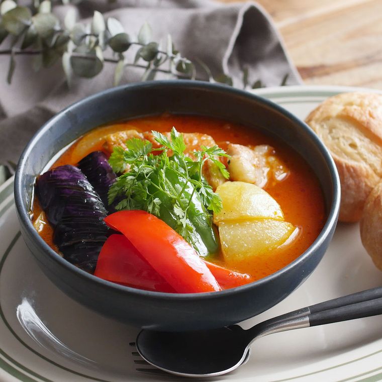 カラフルな夏野菜がたっぷり入っているスープカレー