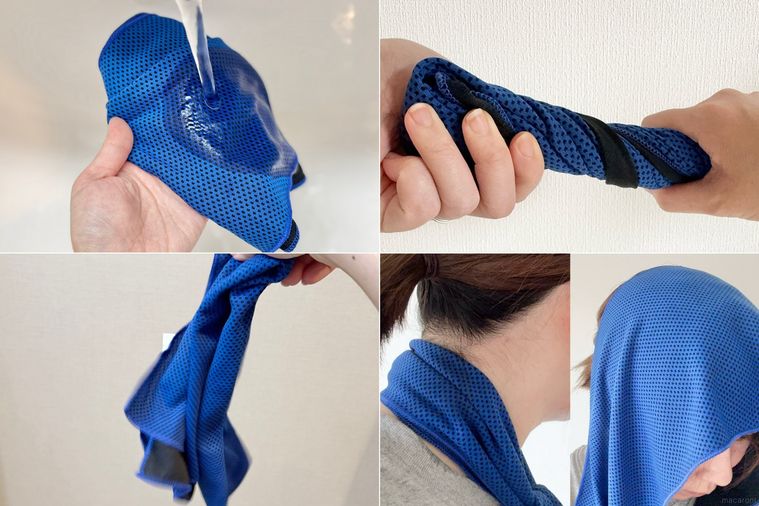 ダイソークールタオルUVカット、無地の使用手順のコラージュ画