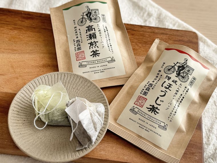 西森園高瀬煎茶讃岐ほうじ茶のパッケージと中身