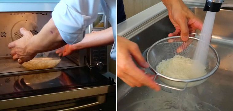 そうめんの水を切っている様子