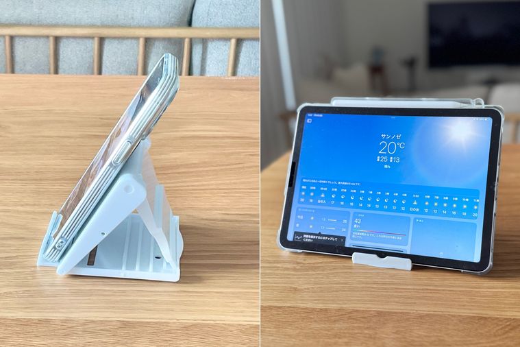 タブレットスマホスタンドでiPhoneやiPadを立てる様子
