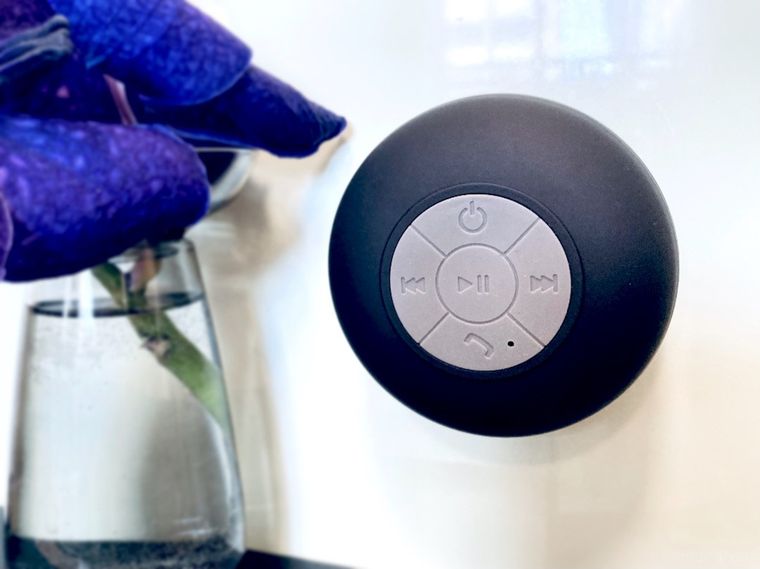 キャンドゥのBluetoothワイヤレススピーカーを壁に設置して音楽を聴いているところと、花瓶に生けられた青い花