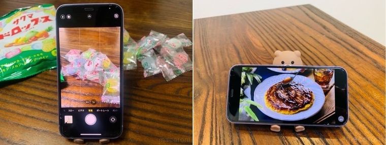 クマのスタンドにスマホを縦置き・横置きしている