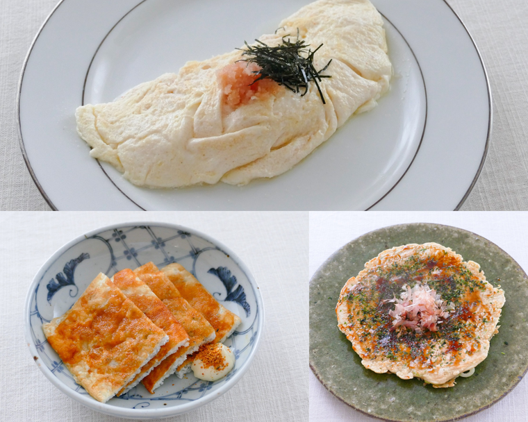 卵白だけを使った料理が3種類並んだコラージュ画像