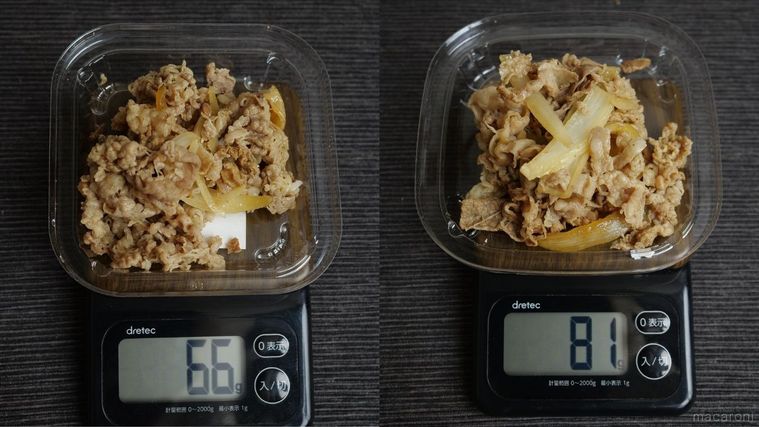 ミニサイズと並盛りサイズの具の量