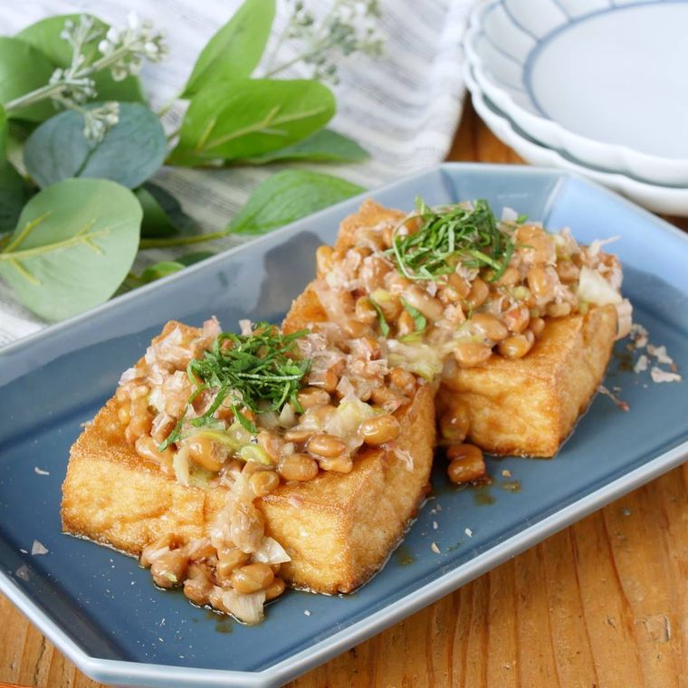 皿に盛られたカリカリ厚揚げのネギ納豆がけ