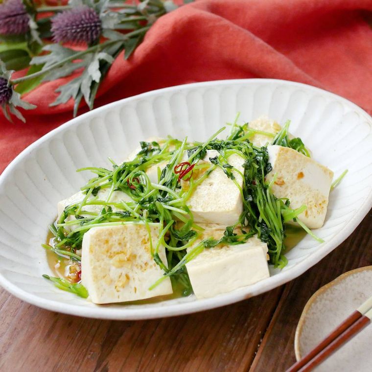 白い皿にのった豆苗と豆腐の中華炒め