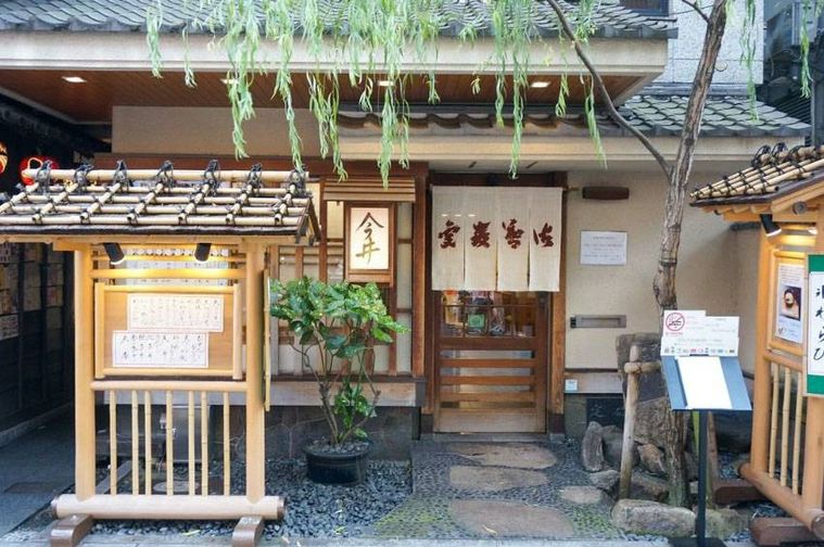 和風の入り口と柳の木が植えられた道頓堀 今井 本店の外観