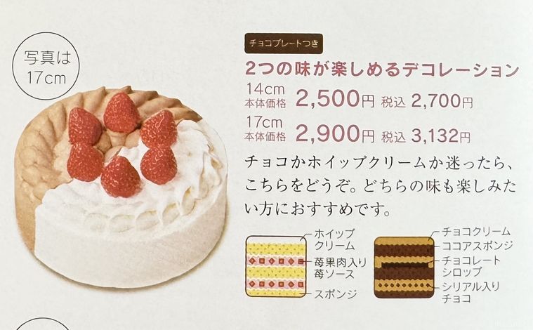 2つの味が楽しめるデコレーションの説明が書かれたシャトレーゼのチラシ