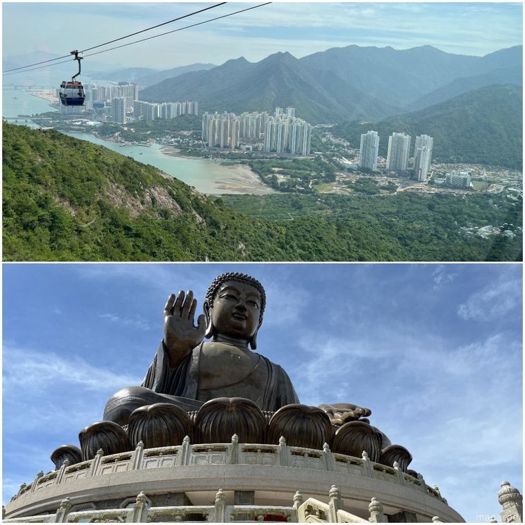 ケーブルカーからの眺め、ゴンピンビレッジに鎮座する屋外にある世界最大のブロンズ座仏