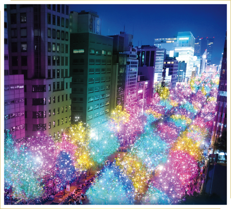 樹々のイルミネーションが華やかな御堂筋イルミネーションの光景