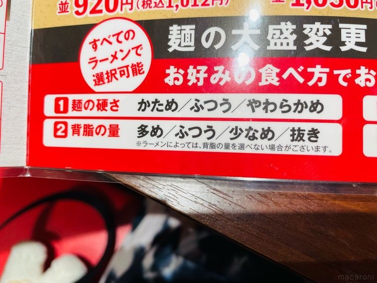 魁力屋のラーメンを注文する際の麺の硬さと背油の量を表している