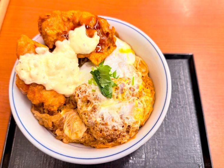 お盆の上に置かれた「トリプルカツ丼H（ヘビー）」