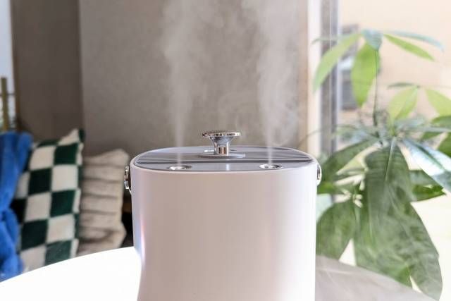 部屋で加湿器を使っている様子
