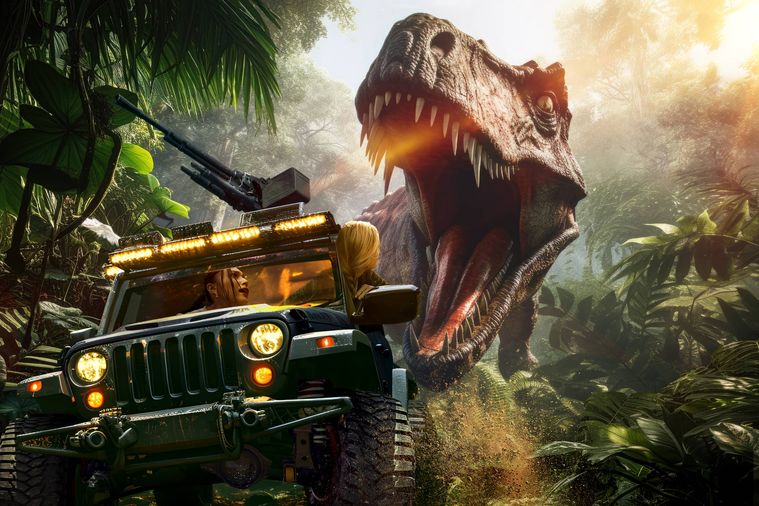 恐竜が車を追いかけているイメージ