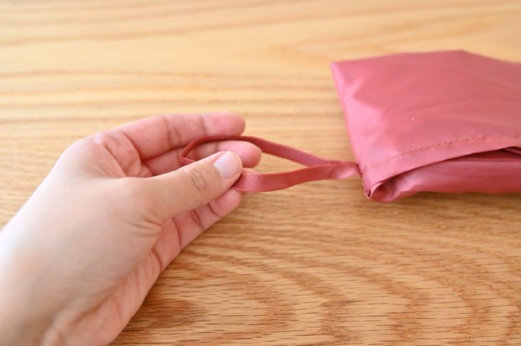 カルディのエコバッグについているストラップを手に持っている