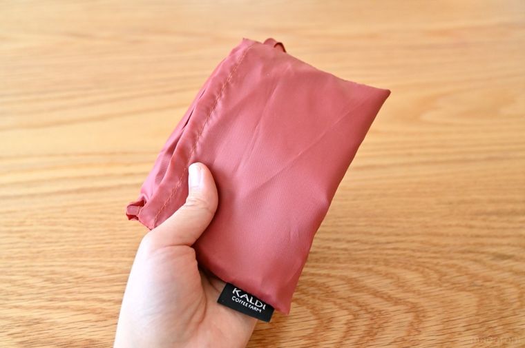 折りたたんだカルディのエコバッグを手に持っている