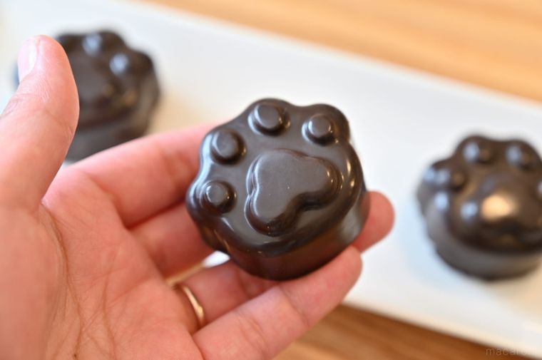 肉球型チョコマシュマロを手に持っている