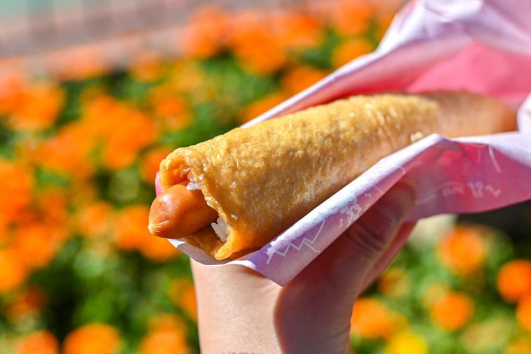 いなりソーセージドッグを持っているところ