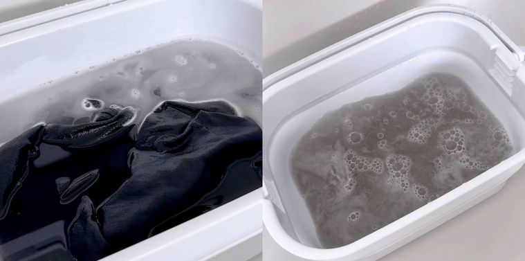 オキシクリーンのパッケージとタオルをオキシ漬け中の様子