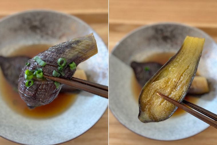 なすの煮浸しの箸持ち上げのコラージュ画