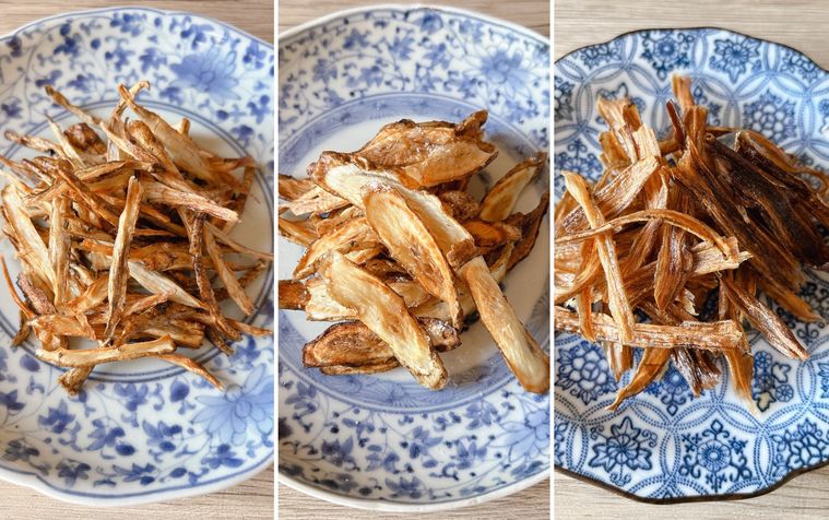 ごぼうの素揚げ、ささがき、斜め切り、ピーラーで切ったものをコラージュしたもの