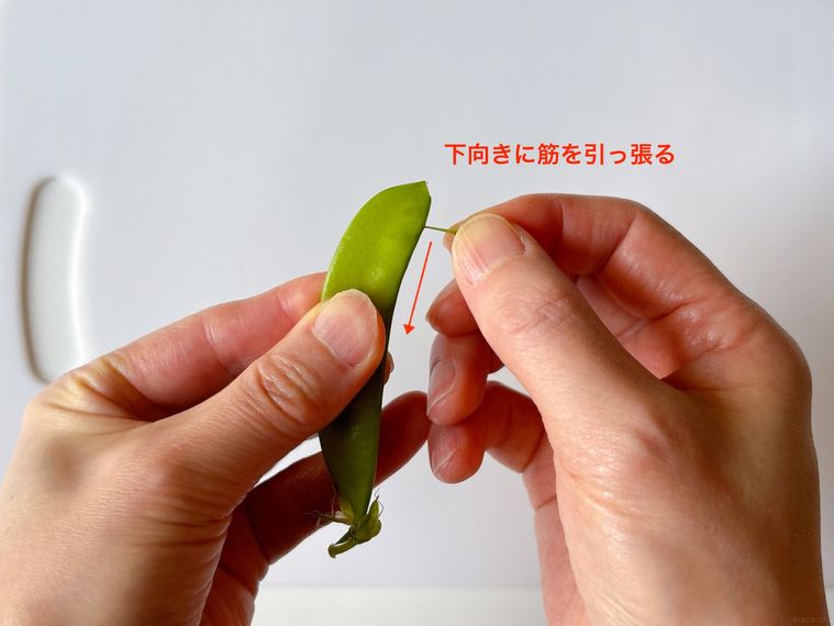 さやえんどうの筋を引っ張る様子