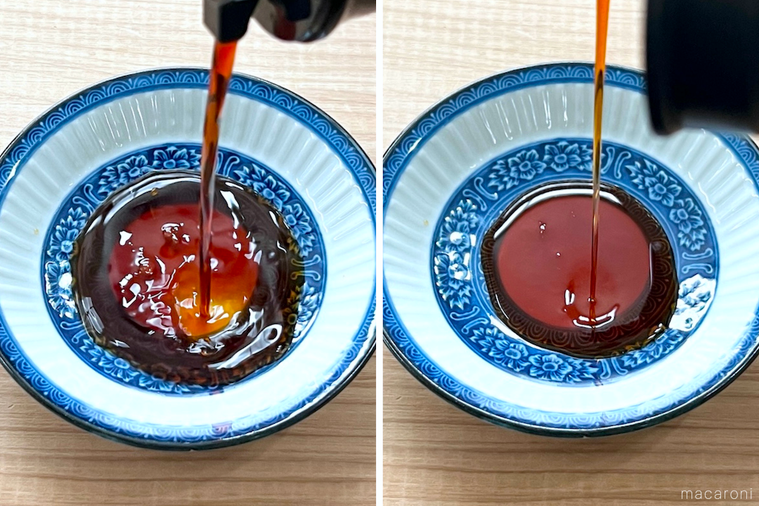 しょうゆをそそいでいる
